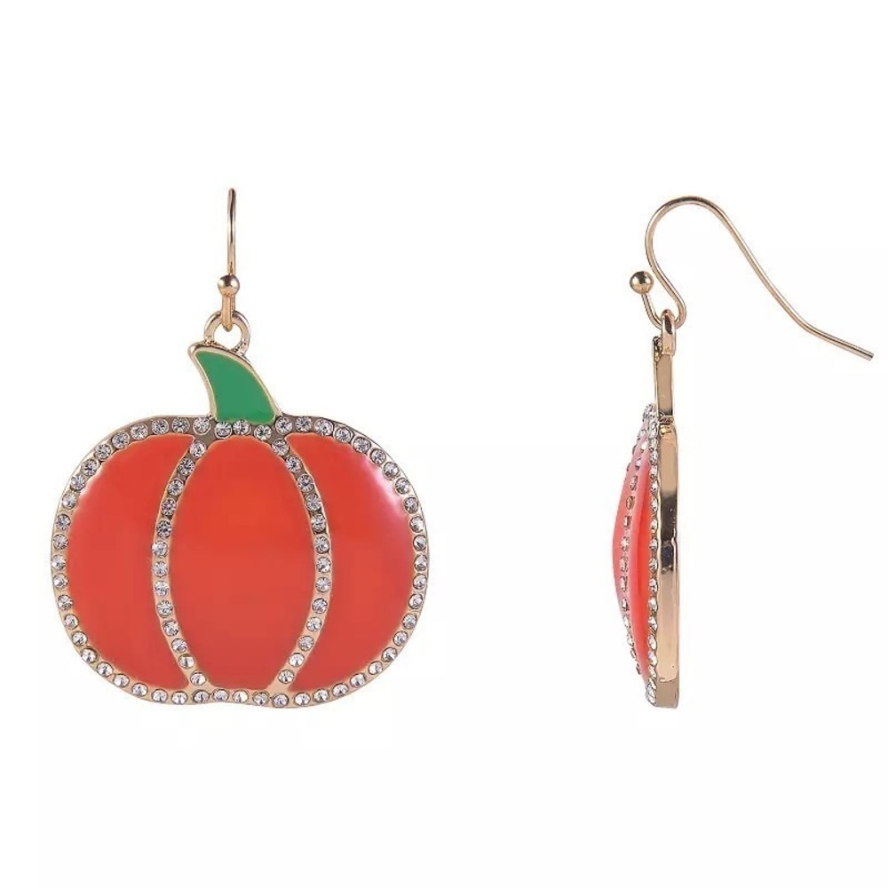 Fall Pumpkin Drop Earrings Crystal Pave Orange Green Gold Tone Halloween